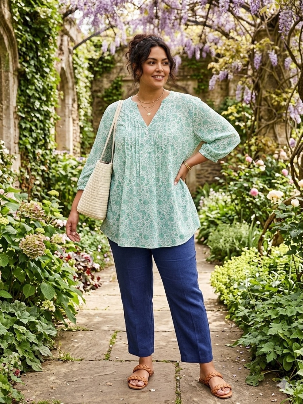 Rose & Olive Green Floral Tunic Blouse with Dainty Light Blue Flowers